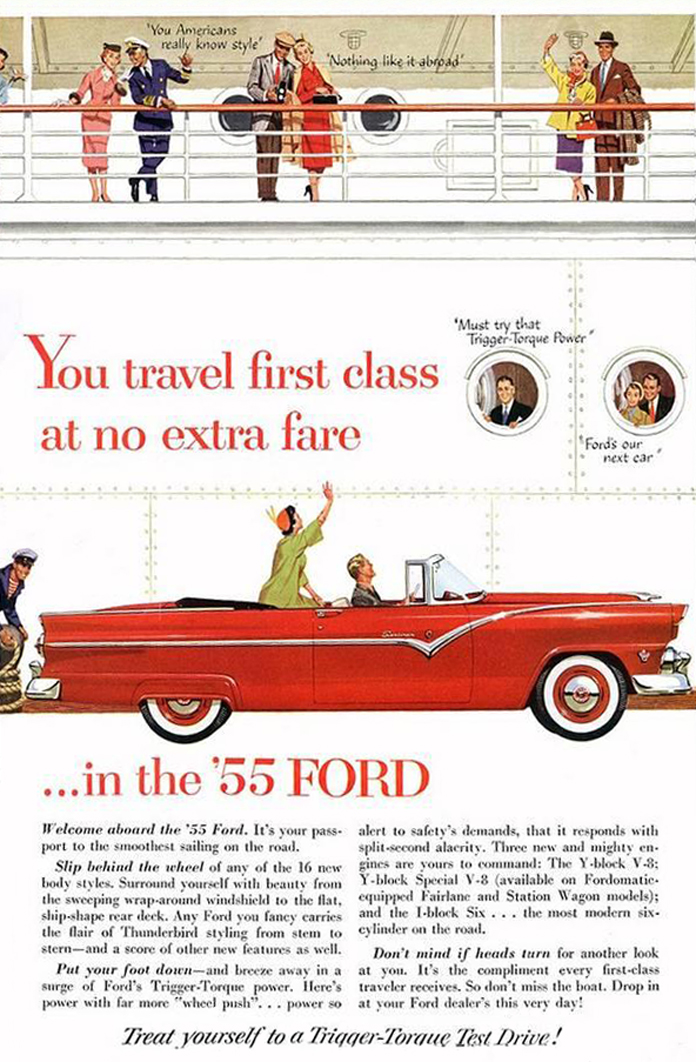"You travel first class at no extra fare" ad w/ illustration of a Torch Red Fairlane Sunliner by docked cruise ship